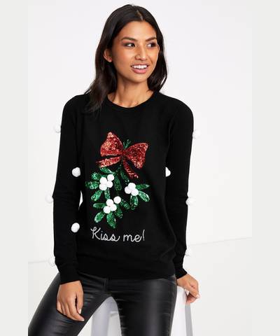 Sequin Mistletoe Sweater Black