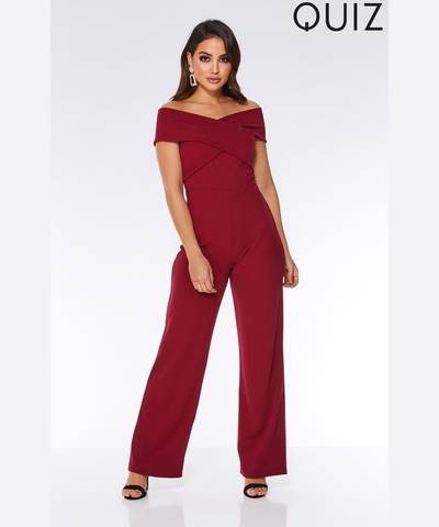 Crossover Neck Bardot Wide Leg Jumpsuit Burgundy
