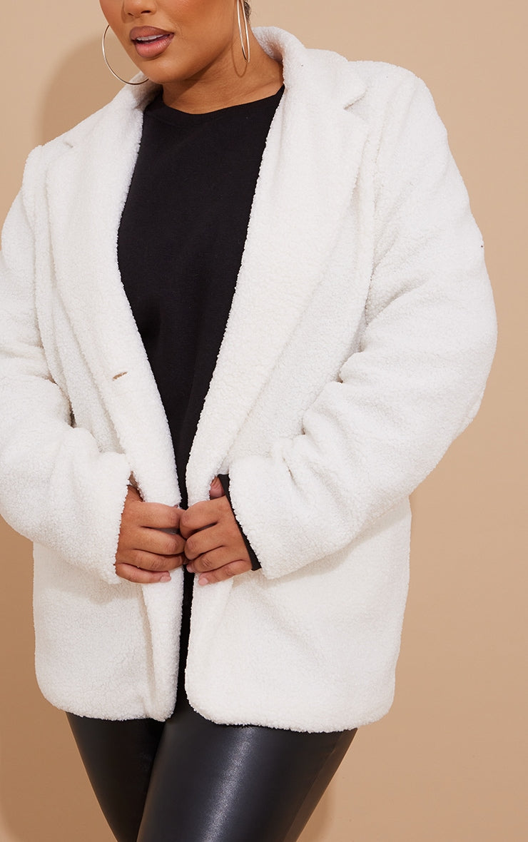 Plus Cream Borg Oversized Blazer