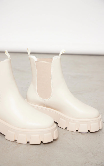 Cream Chunky Extreme Cleated Chelsea Ankle Boots