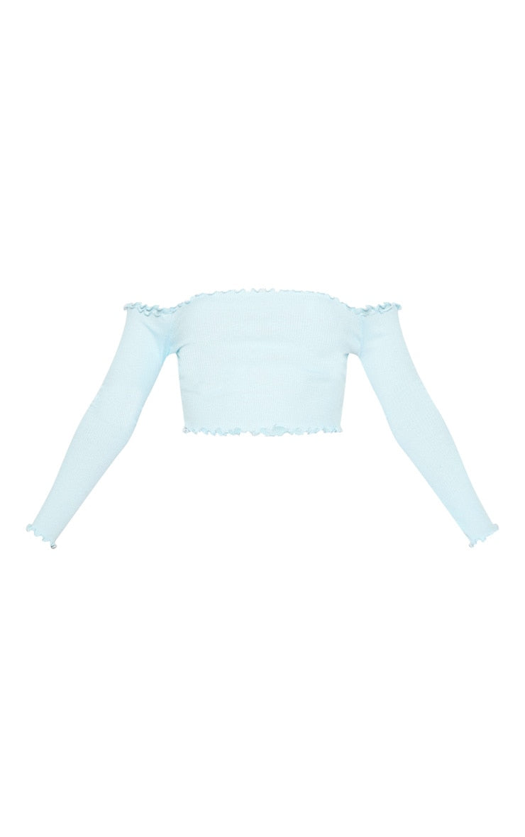 Bardot Frill Edge Crop Top Blue