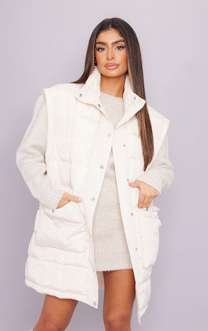 Cream Square Quilted Oversized Longline Vest