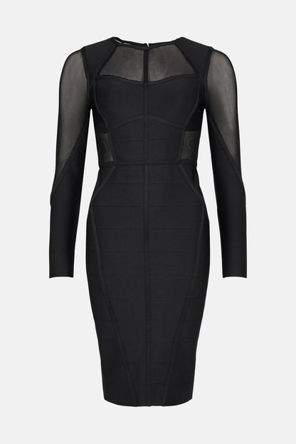 Sheer Panel Knit Bandage Dress Black