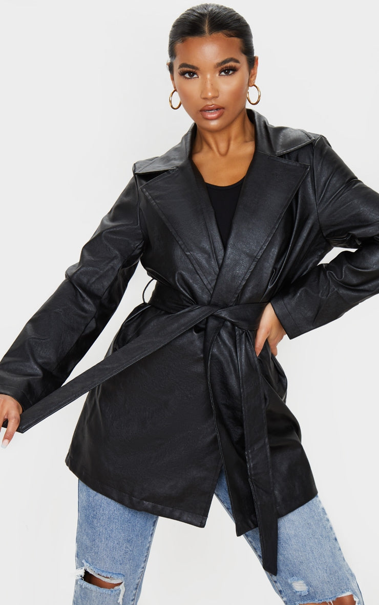 Black Faux Leather Tie Waist Shacket