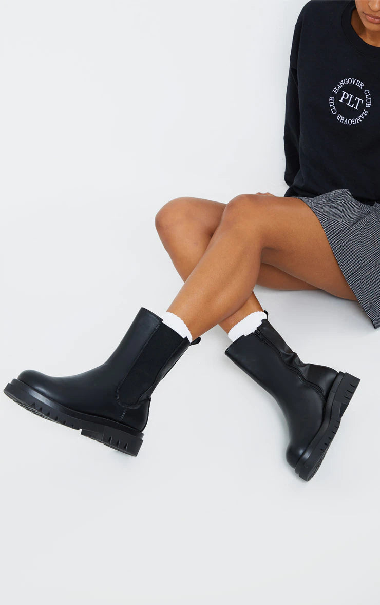 Black PU Calf High Vamp Chelsea Boots