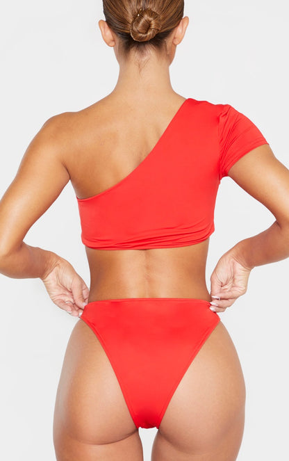 Red One Shoulder Sleeve Bikini Top