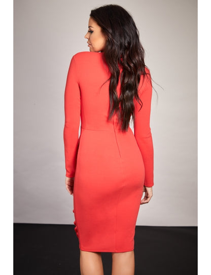 Red Long Sleeve Wrap Bodycon Midi Dress