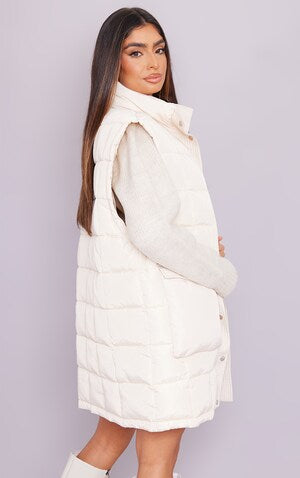 Cream Square Quilted Oversized Longline Vest