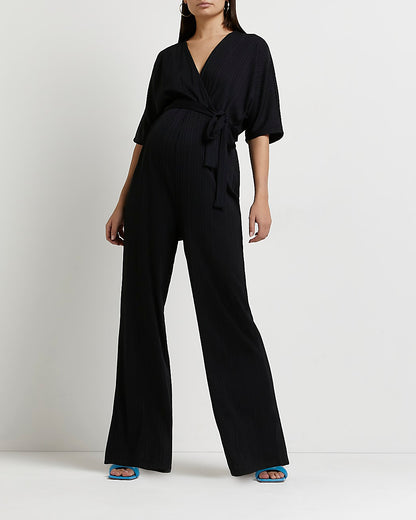 Black Maternity Plisse Jumpsuit