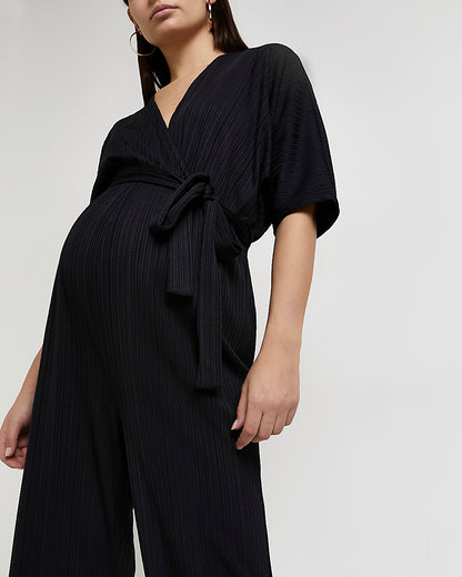 Black Maternity Plisse Jumpsuit