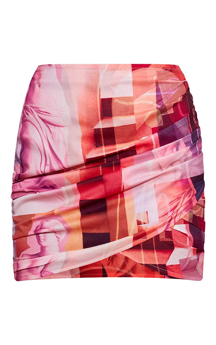 Orange Woven Abstract Printed Wrap Front Mini Skirt