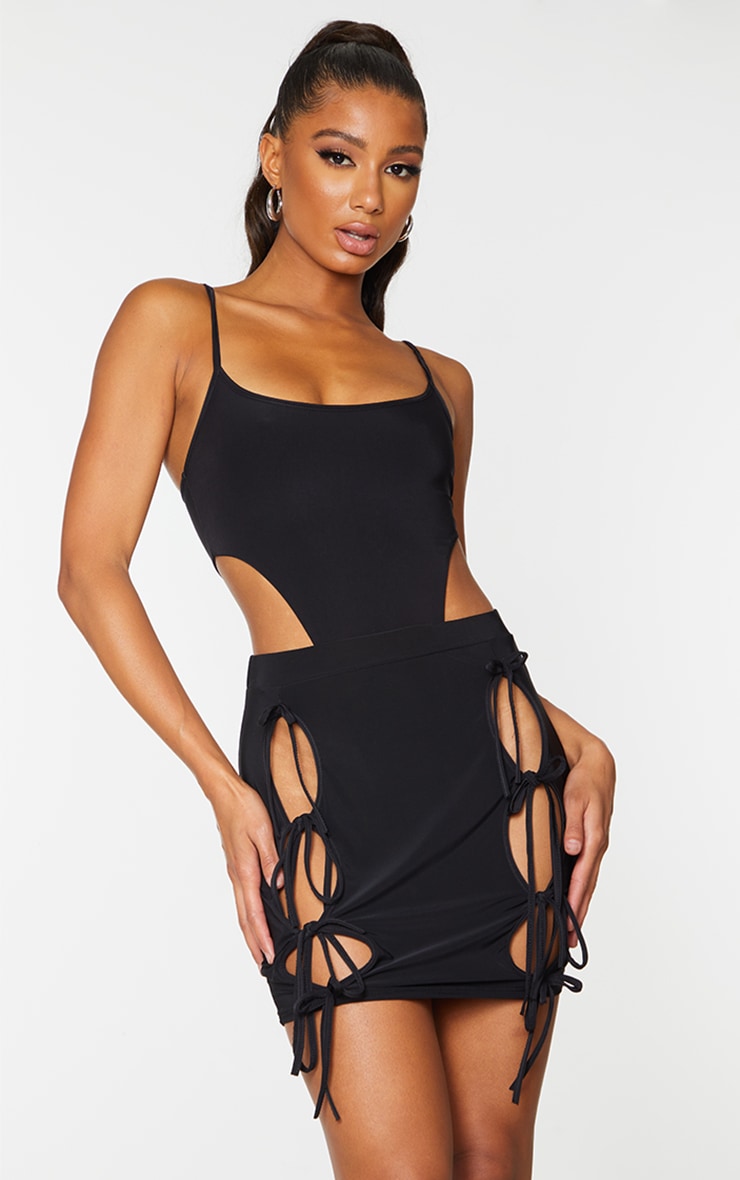 Black Tie Cut Out Detail Slinky Mini Skirt