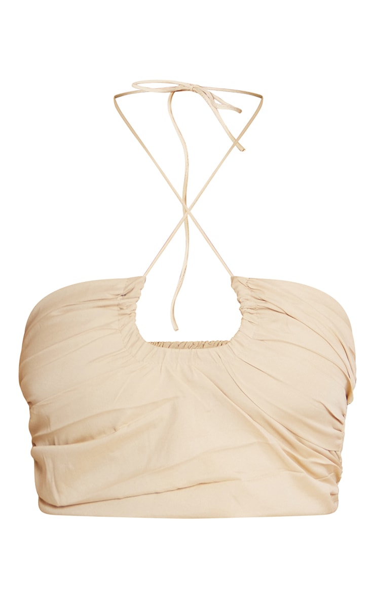 Sand Cotton Pleated Halter Crop Top