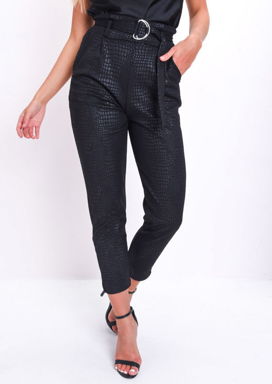 Black Croc Print D Ring Belted Skinny Trousers