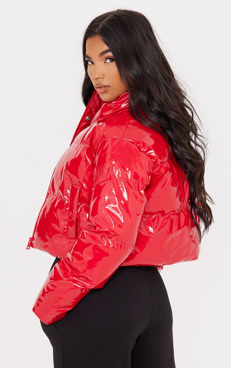 Red Vinyl Bubble Puffer Jacket