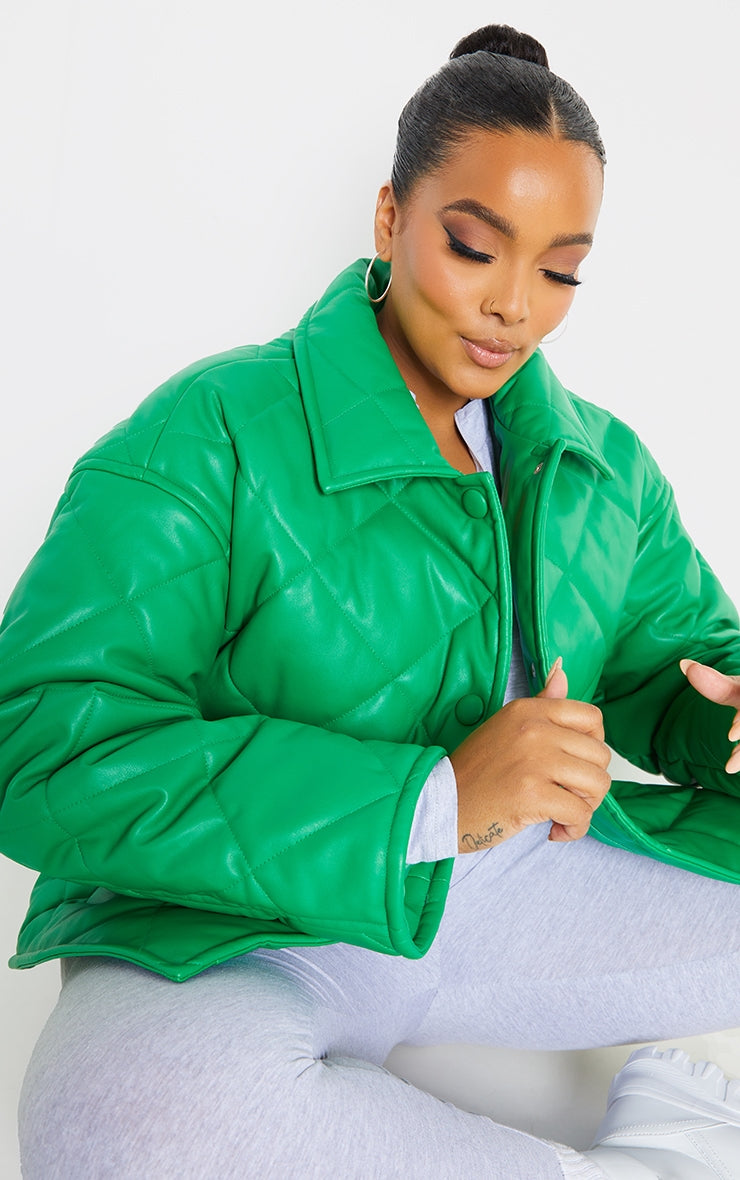 Plus Green Faux Leather Quilted Padded Jacket