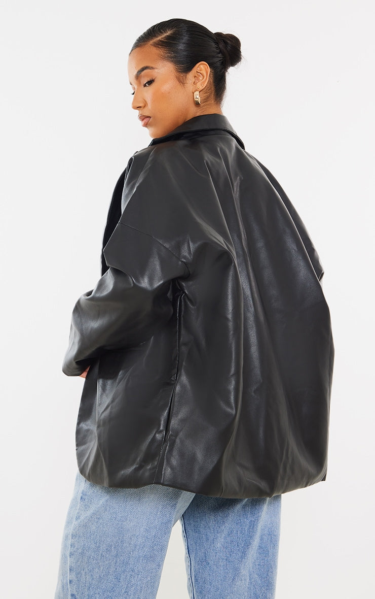 Black Faux Leather Drop Shoulder Oversized Dad Blazer