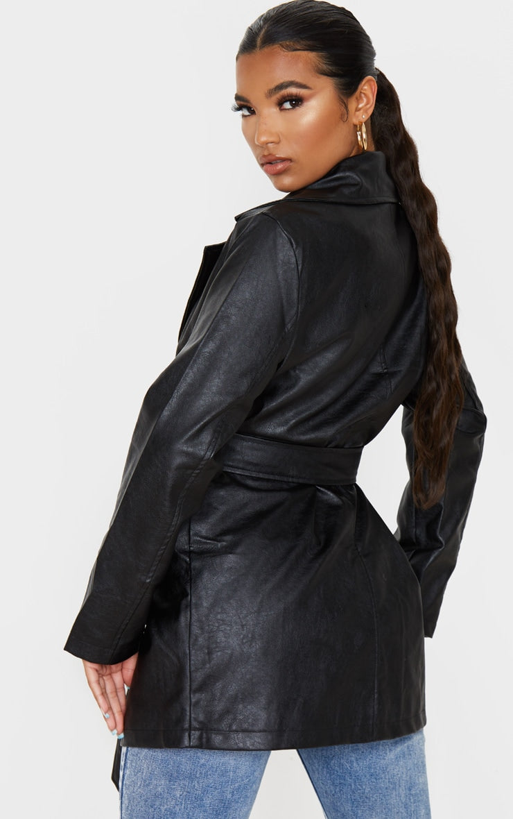 Black Faux Leather Tie Waist Shacket