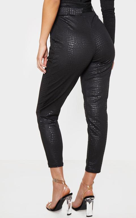 Black Croc Print D Ring Belted Skinny Trousers