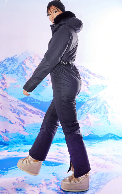 Ski Black Faux Fur Hooded Belted Snow Suit