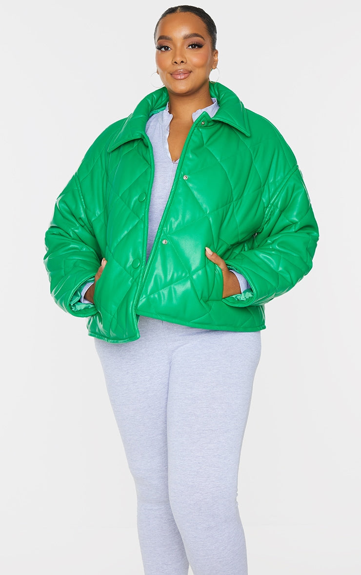 Plus Green Faux Leather Quilted Padded Jacket