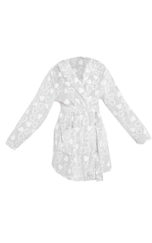 Grey Heart Print Fleece Dressing Gown