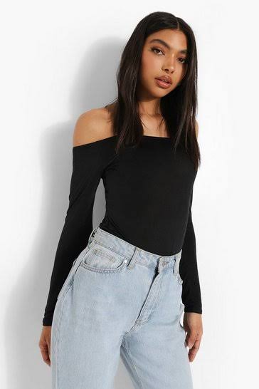 Long Sleeve Bardot Bodysuit Black