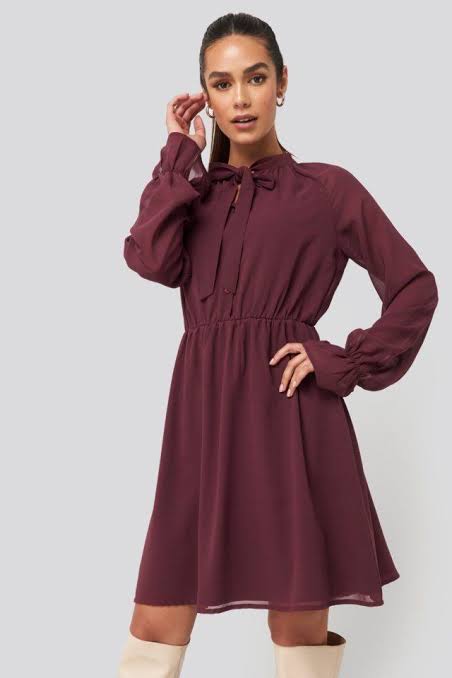 Chiffon Buttoned Dress Burgundy