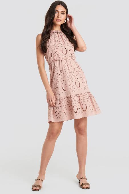 High Neck Anglaise Dress Dusty Pink