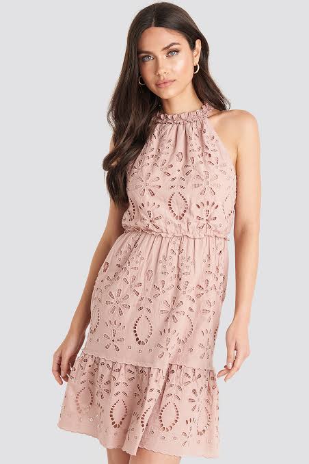 High Neck Anglaise Dress Dusty Pink