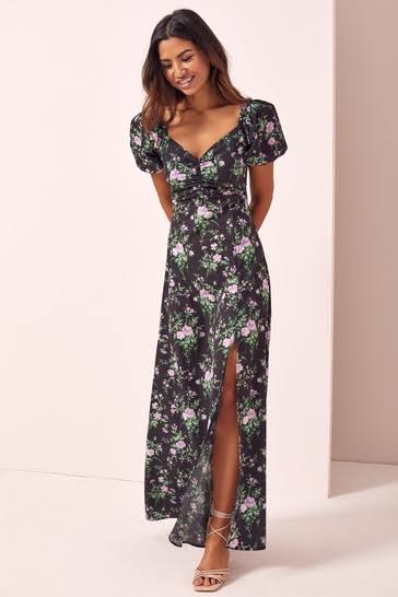 Floral Print Sweetheart Dress Black