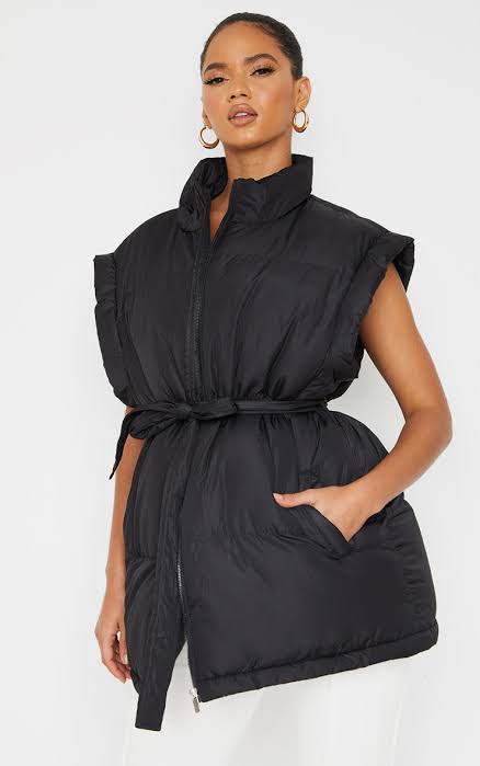 Black Nylon Padded Panel Belted Oversized Vest