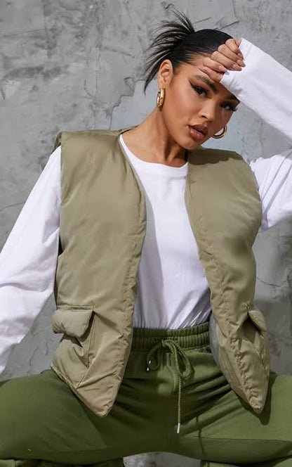 Pale Khaki Padded Pocket Front Gilet