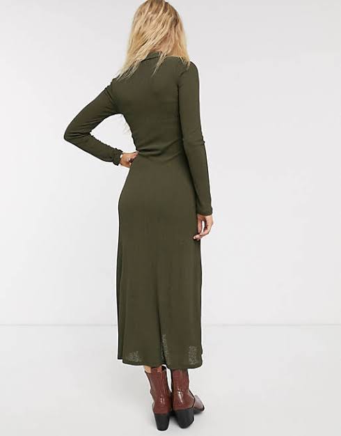 Khaki Ribbed Midi Cardigan Style Dress