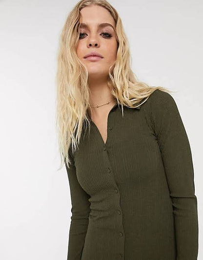 Khaki Ribbed Midi Cardigan Style Dress