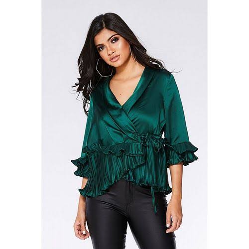 Satin Frill Peplum Blouse Green