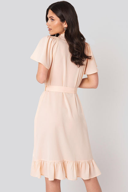 Smocked Shoulder Belted Frill Dress