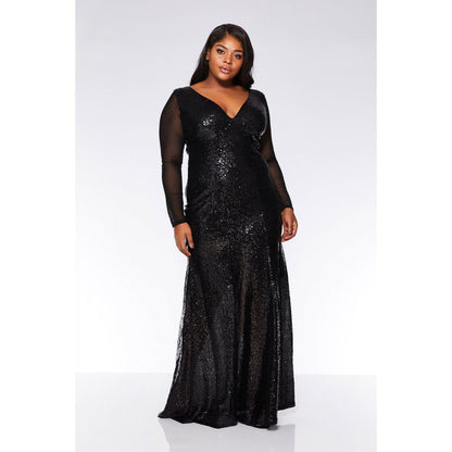 V-Neck Longsleeve Sequin Maxi Dress Black
