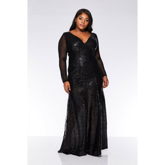 V-Neck Longsleeve Sequin Maxi Dress Black