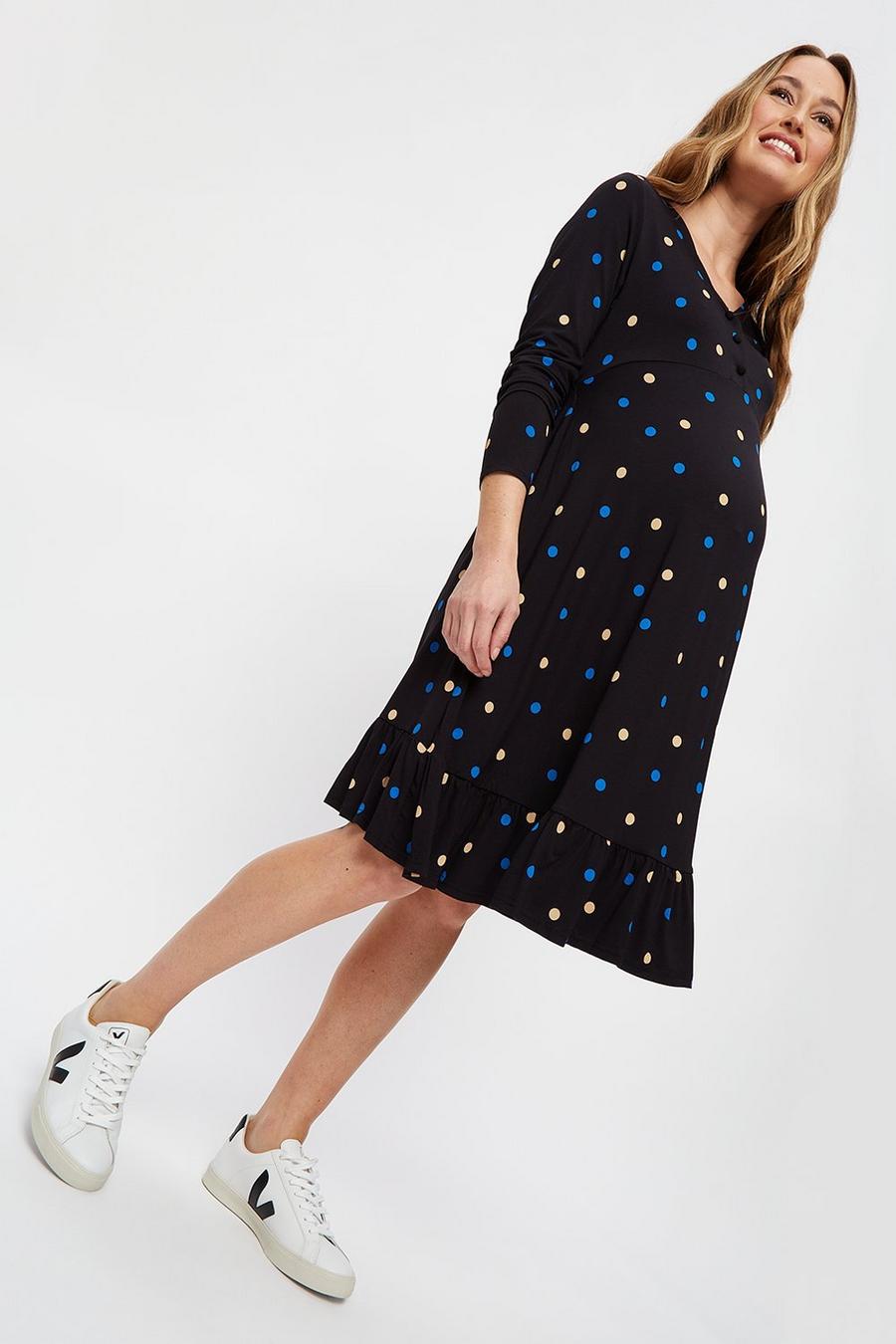 Multi Colour Spot V-Neck Tier Midi Dress