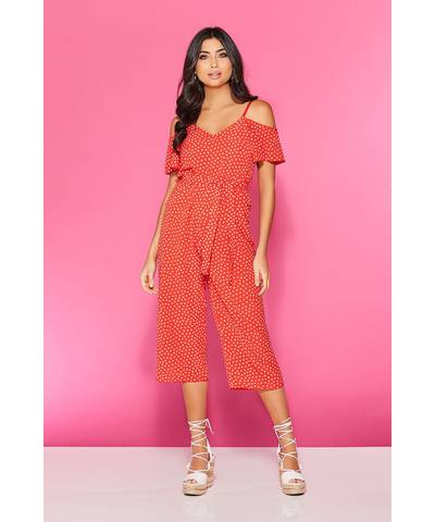 Red Polka Dot Cold Shoulder Jumpsuit