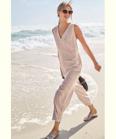 Neutral Stripe Linen Blend Jumpsuit